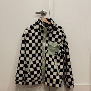 Vans Black and White Checkered Fleece Jacket with Green Details